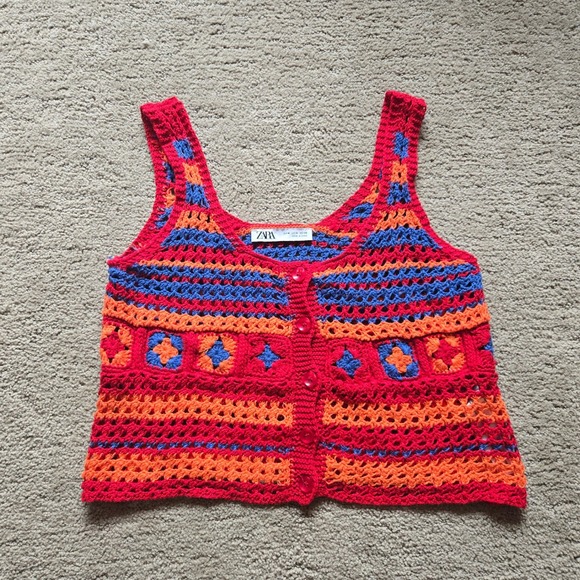 Zara Tops - Zara Crochet Knit Crop Top Red Orange Blue Boho Button Front Tank Medium